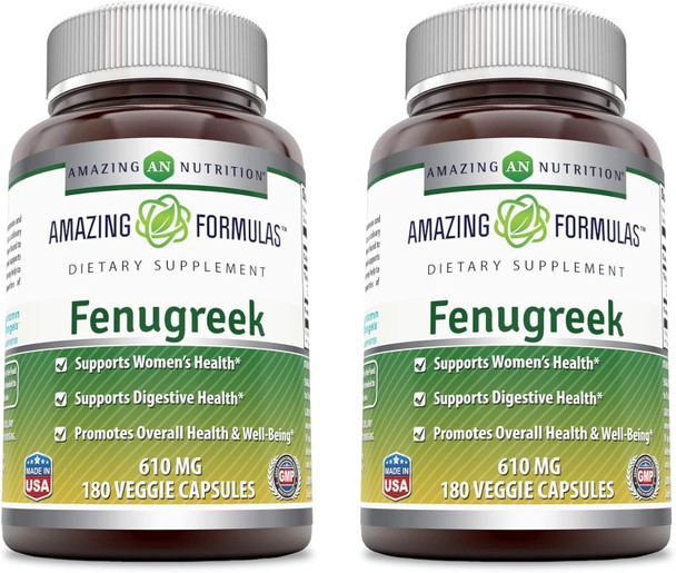 Amazing Nutrition Formulas Fenugreek Seed 610mg 180 Veggie Capsules Supplement | Made with Pure Seed Extract | Non-GMO | Gluten | Made in USA | 2 Pack | Ideal for Vegetarians