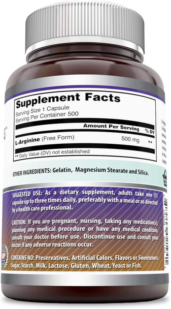 Amazing Nutrition Formulas L-Arginine Supplement | 500 Mg Per Serving | Capsules | Amino Acid Supplement for Men & Women | Non-GMO | Gluten | Made in USA (500 Count)