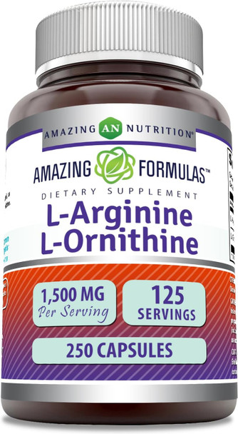 Amazing Nutrition Formulas L-Arginine/L-Ornithine 1500 Mg Per Serving Capsules | Non-GMO | Gluten | Amino Acid Supplement (250 Count)