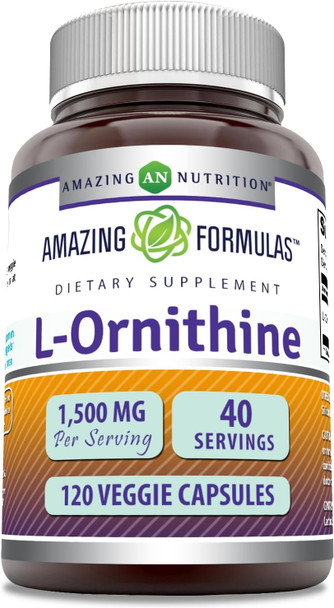Amazing Nutrition Formulas L-Ornithine 1500 Mg Per Serving Veggie Capsules Supplement | Non-GMO | Gluten | Made in USA (120 Count)