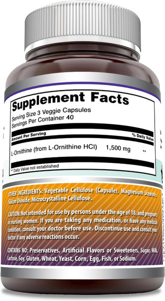 Amazing Nutrition Formulas L-Ornithine 1500 Mg Per Serving Veggie Capsules Supplement | Non-GMO | Gluten | Made in USA (120 Count)