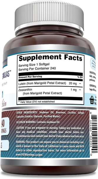 Amazing Nutrition Formulas Lutein 20 mg with Zeaxanthin 800 mcg | Softgels Supplement | Non-GMO | Gluten | Made in USA (240 Count)