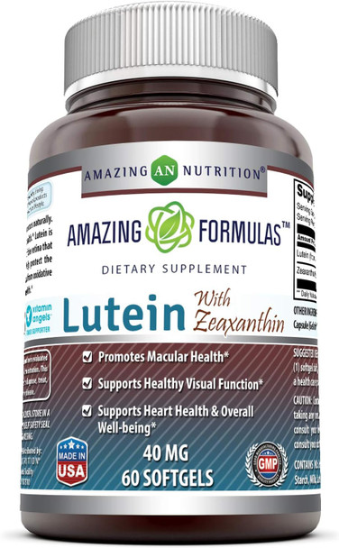 Amazing Nutrition Formulas Lutein 40 mg with Zeaxanthin 1600 mcg | Softgels Supplement | Non-GMO | Gluten | Made in USA (40 mg 60 Count)
