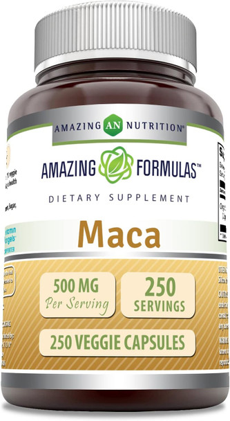 Amazing Nutrition Formulas Maca 500mg 250 Veggie Capsules | Non-GMO | Gluten | Made in USA | Suitable for Vegetarians