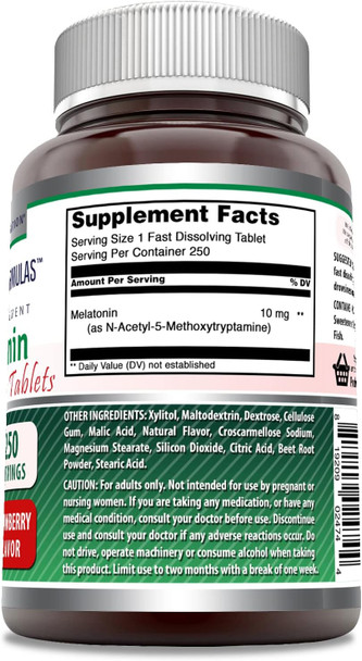 Amazing Nutrition Formulas Melatonin Fast Dissolve 10 Mg 250 Tablets | Strawberry Flavor | Non-GMO | Gluten | Made in USA