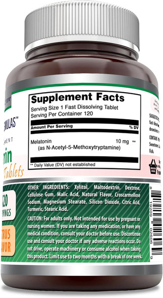 Amazing Nutrition Formulas Melatonin Fast Dissolve 10 Mg per Serving 120 Tablets Supplement | Citrus Flavor | Non-GMO | Gluten- | Made in USA