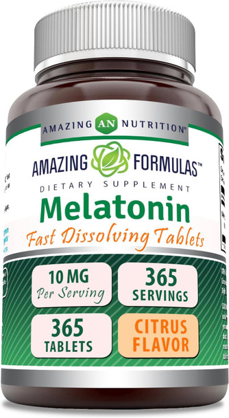 Amazing Nutrition Formulas Melatonin Fast Dissolve 10 Mg Tablets | Non-GMO | Gluten | Made in USA (365 Count | Citrus)