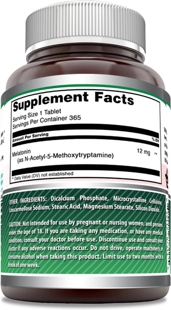 Amazing Nutrition Formulas Melatonin Supplement | 12 Mg Per Serving | 365 Tablets | Non-GMO | Gluten | Made in USA