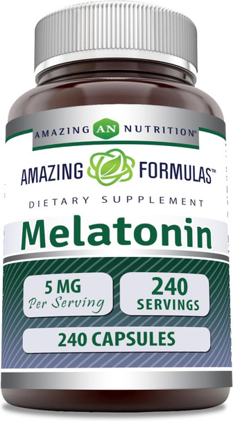 Amazing Nutrition Formulas Melatonin Supplement | 5 Mg Per Serving | 240 Capsules | Non-GMO | Gluten | Made in USA