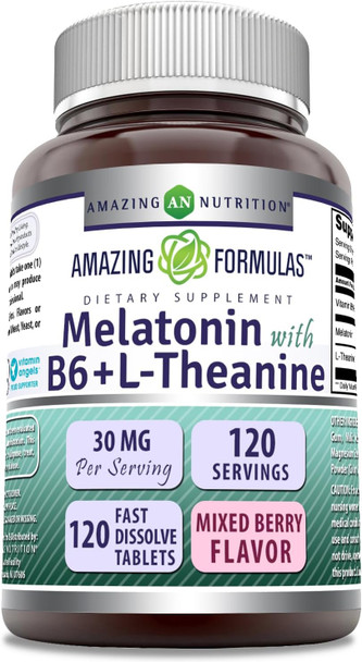 Amazing Nutrition Formulas Melatonin with Vitamin B6 + L-Theanine Supplement | 30 Mg Per Serving | Mixed Berry Flavor | 120 Tablets | Non-GMO | Gluten | Made in USA