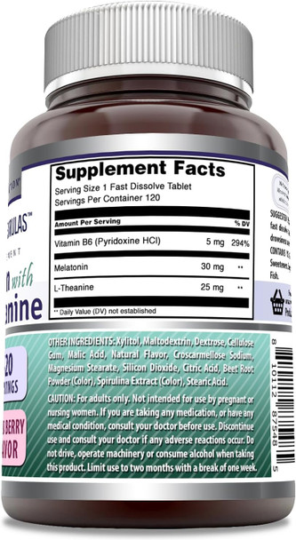 Amazing Nutrition Formulas Melatonin with Vitamin B6 + L-Theanine Supplement | 30 Mg Per Serving | Mixed Berry Flavor | 120 Tablets | Non-GMO | Gluten | Made in USA
