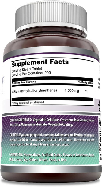 Amazing Nutrition Formulas MSM 1000mg 200 Tablets Supplement | Non-GMO | Gluten | Made in USA