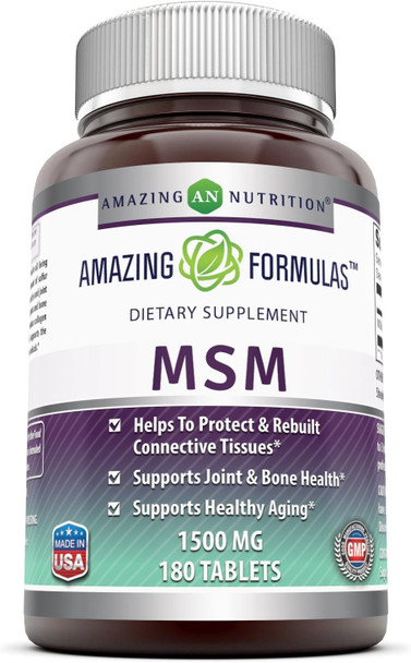 Amazing Nutrition Formulas MSM 1500 Mg 180 Tablets (Non-GMO Gluten-) - Helps to Protect & Rebuilt Connective Tissues - Supports Joint & Bone Health - Supports Healthy Aging