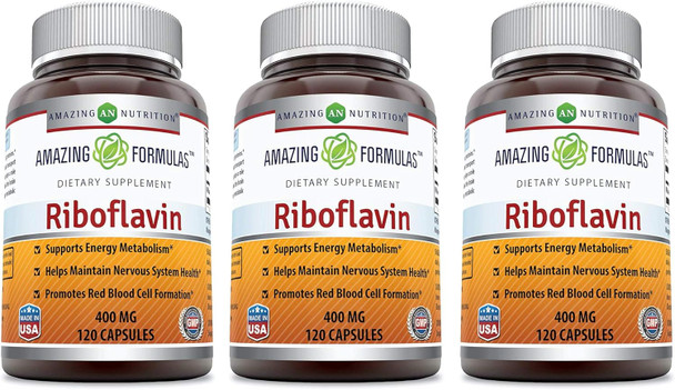 Amazing Nutrition Formulas Riboflavin 400 mg Capsules | Vitamin B2 Supplement | Non-GMO | Gluten | Made in USA (120 Count | 3 Pack)