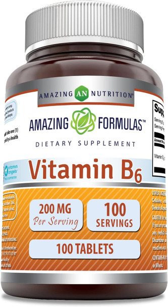 Amazing Nutrition Formulas Vitamin B6 Pyridoxine 200mg 100 Tablets Supplement | Non-GMO | Gluten | Made in USA