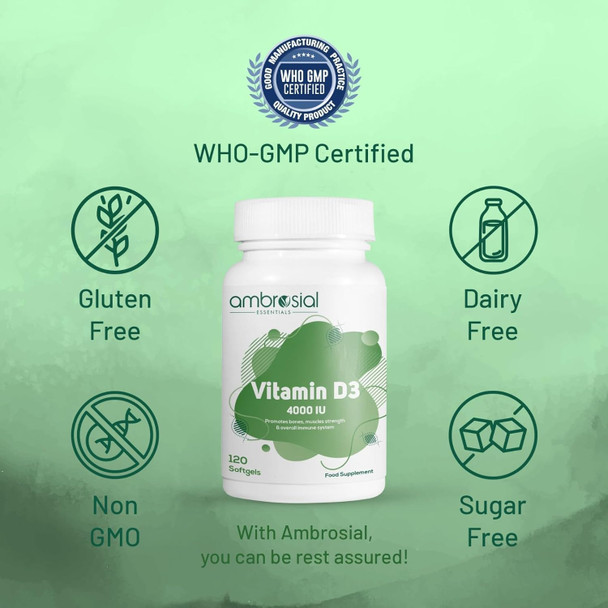 ‎Ambrosial Ambrosial Vitamin D3 4000 IU (100 mcg) |Vitamin D Tablets for Healthy Bones and Teeth | Vitamin D 4000iu Supports Immunity and Muscle Function | Gluten (Pack of 1-120 Softgels)
