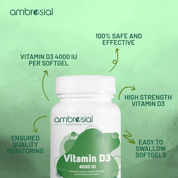 ‎Ambrosial Ambrosial Vitamin D3 4000 IU (100 mcg) |Vitamin D Tablets for Healthy Bones and Teeth | Vitamin D 4000iu Supports Immunity and Muscle Function | Gluten (Pack of 1-120 Softgels)