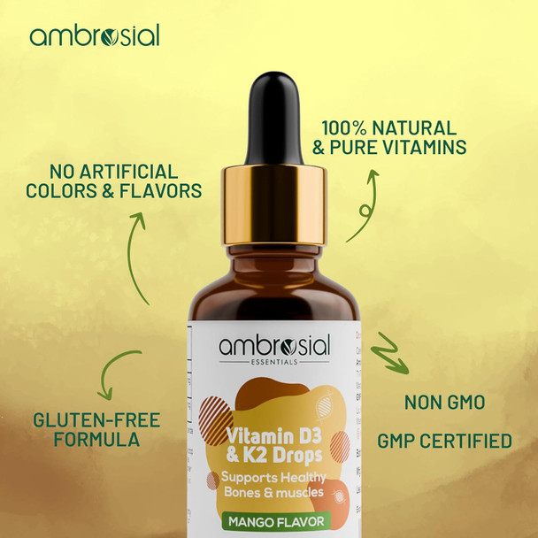 ‎Ambrosial Ambrosial Vitamin D3 K2 Liquid Drops for Adults & Kids | Mango Flavor High Strength Vitamin D Liquid 500 IU & Vitamin K2 50 mcg PER DROP (Pack of 1-30 ml)