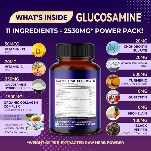 Aumeto Glucosamine Enhanced Formula with MSM Chondroitin Turmeric Collagen- for Joint Comfort Cartilage Flexibility - Made in The US