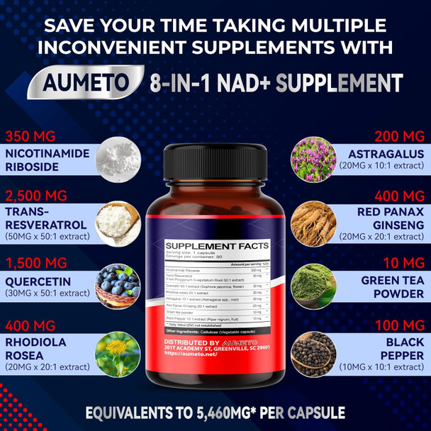 Aumeto NAD+ Supplement with Nicotinamide Riboside NR Resveratrol Quercetin - Cellular Energy & Repair Vitality Healthy Aging (90 Count (Pack of 1))