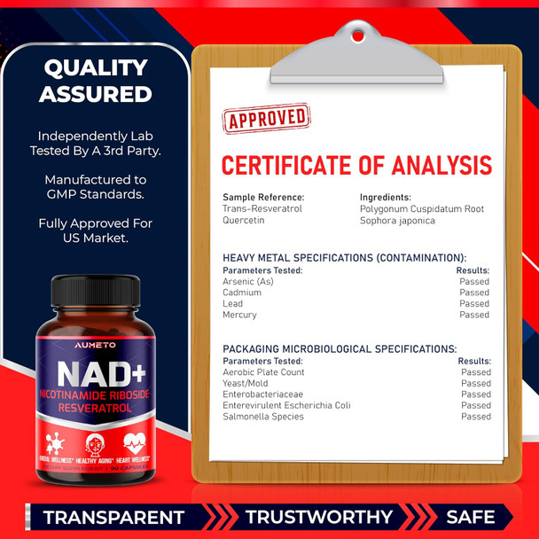 Aumeto NAD+ Supplement with Nicotinamide Riboside NR Resveratrol Quercetin - Cellular Energy & Repair Vitality Healthy Aging (90 Count (Pack of 1))