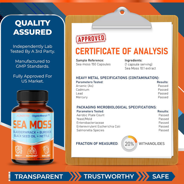 Aumeto Premium Sea Moss Supplement with Black Seed Oil Ashwagandha Bladderwrack Nettle- Advanced 18-in-1 Formula for Immunity Boosting Mineral-Rich - Made in The USA (150 Count (Pack of 1))