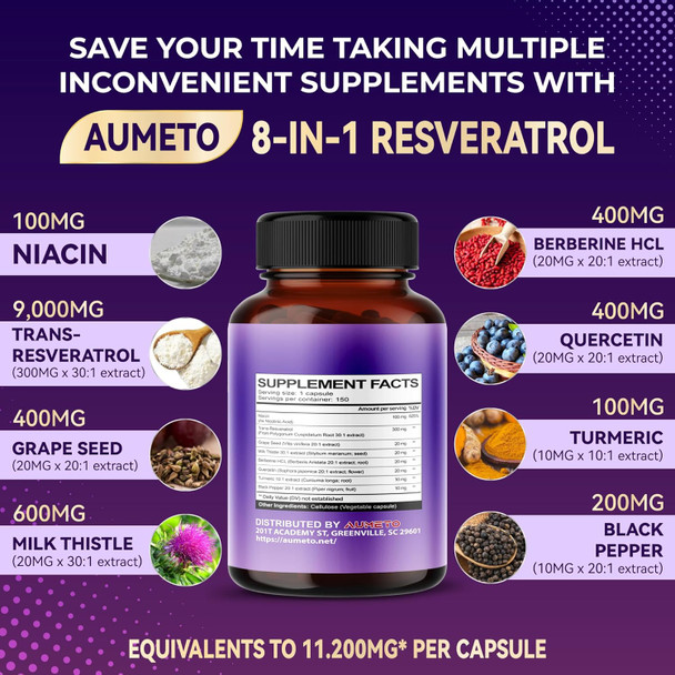 Aumeto Ultra Resveratrol 8 in 1 Formula - with Grape Seed Extract Milk Thistle Niacin (150 Count (Pack of 1))