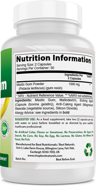 Best Naturals 2 Pack Mastic Gum Capsules 500 mg - 60 Count - (Non-GMO) (Gluten ) - Promotes Healthy Stomach & Duodenal Health - (Total 120 Capsules)