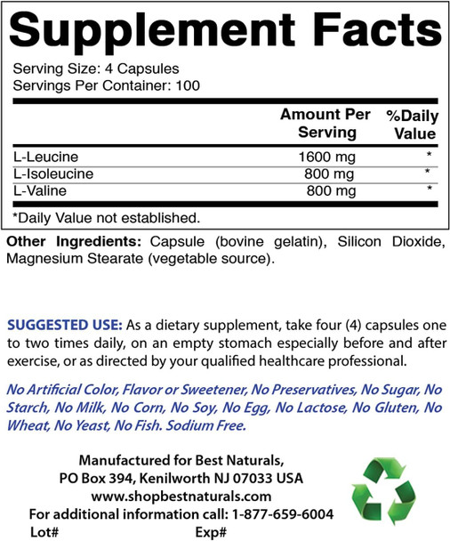 Best Naturals BCAA Branch Chain Amino Acid 3200mg per Serving 400 Capsules - Pharmaceutical Grade - 100% Pure Instantized Formula | Pre/Post Workout Bodybuilding Supplement | Boost Muscle Growth