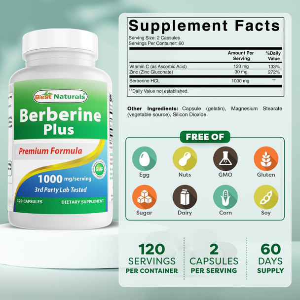 Best Naturals Berberine Plus 1000 mg/Serving 120 Capsules - (Pack of 3) Best Naturals Berberine Plus 1000 mg/Serving 120 Capsules - (Pack of 3)