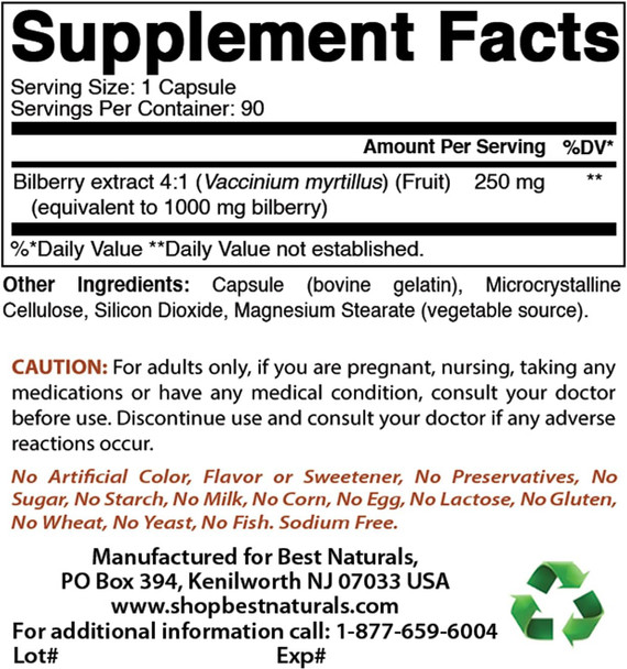 Best Naturals Bilberry Extract 1000mg & Vanadium 2 mg with Chromium