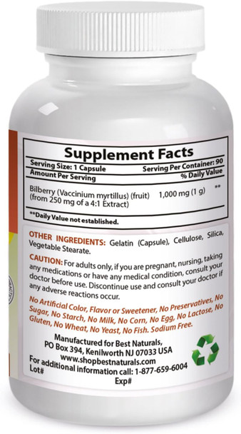 Best Naturals Bilberry Extract 1000mg Capsule (Non-GMO) Supports Healthy Vision 90 Count