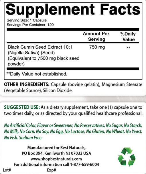 Best Naturals Black Seed (Black Cumin Seed Extract 10:1) 7500 mg Equivalent- 120 Capsules