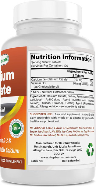 Best Naturals Calcium Citrate with Vitamin D-3 240 Tablets (240 Count (Pack of 1))