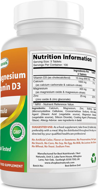 Best Naturals Calcium Magnesium Zinc with Vitamin D3 300 Tablets - Calcium 1000 mg Magnesium 400 mg Zinc 25 mg & D3 600 IU per Serving (3 Tablets)