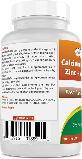Best Naturals Calcium Magnesium Zinc with Vitamin D3 300 Tablets - Calcium 1000 mg Magnesium 400 mg Zinc 25 mg & D3 600 IU per Serving (3 Tablets)