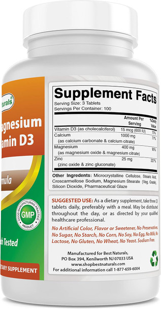 Best Naturals Calcium Magnesium Zinc with Vitamin D3 300 Tablets - Calcium 1000 mg Magnesium 400 mg Zinc 25 mg & D3 600 IU per Serving (3 Tablets)