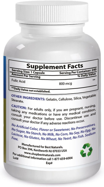 Best Naturals Folic Acid 800 mcg 240 Capsules