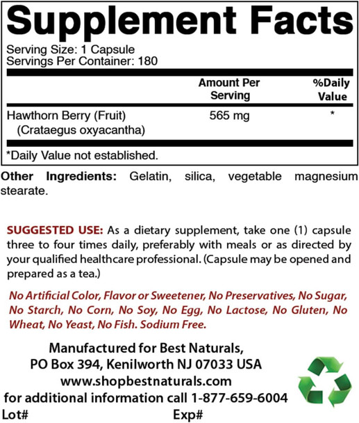 Best Naturals Hawthorn Berry 565 mg 180 Capsules (180 Count (Pack of 2))
