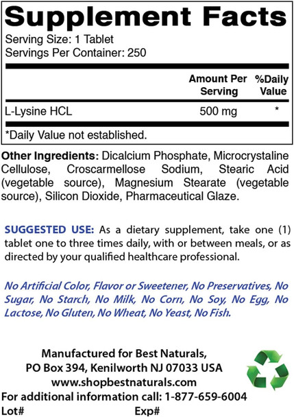 Best Naturals L-Lysine 500 mg & Magnesium Oxide 500 mg