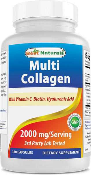 Best Naturals Multi Collagen Pills 2000mg for Women & Men - Hydrolyzed Collagen Peptides Capsules for Hair Skin and Nails with Types I II III V X Biotin Hyaluronic Acid & Vitamin C