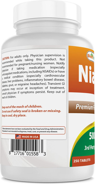 Best Naturals Niacin 500mg 250 Tablets with Flushing - Also Called Vitamin B3 (250 Count (Pack of 1))