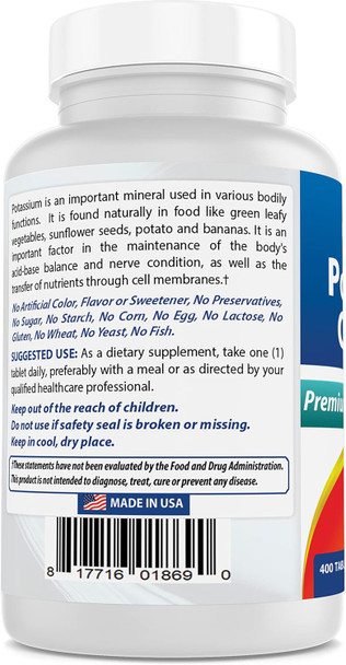 Best Naturals Potassium Chloride Supplement 99mg 400 Tablets - 3rd Party Lab Tested