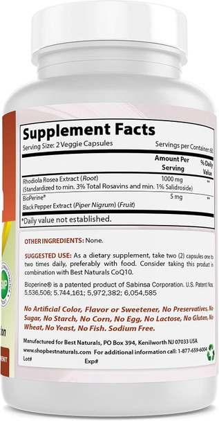 Best Naturals Rhodiola with Bioperine 1000mg Serving - 120 Veggie Capsules