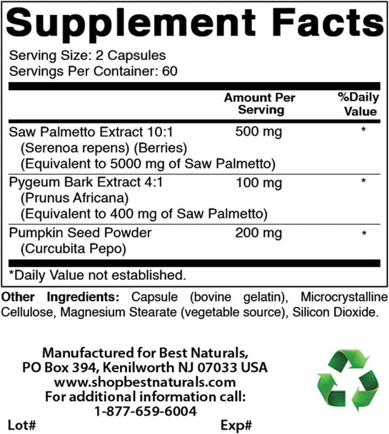 Best Naturals Saw Palmetto 10:1 Extract Prostate Supplements for Men - 120 Capsules - Made with Pygeum Bark 4:1 Extract & Pumpkin Seed Powder