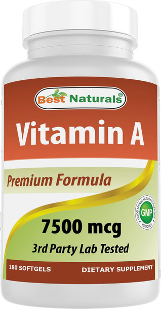 Best Naturals Vitamin A 25000 IU (7500 mcg) Non-GMO Formula Supports Healthy Vision & Immune System and Healthy Growth & Reproduction 180 Softgels (180 Count (Pack of 1))