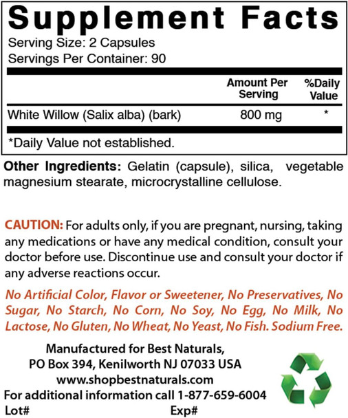 Best Naturals White Willow Bark 400 mg 180 Capsules (180 Count (Pack of 3))