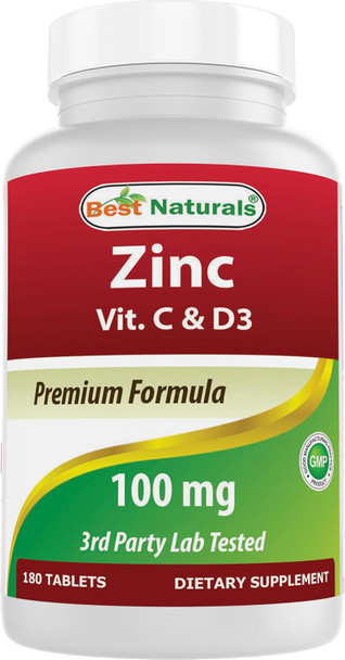 Best Naturals Zinc 100 mg with Vitamin C & D3 180 Tablets Gluten and Non-GMO