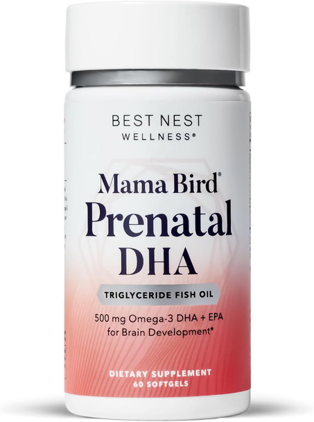 Best Nest Wellness Mama Bird Prenatal DHA Vitamin Prenatal Omega 3 DHA Supplements Supports Baby's Brain & Eye Development 500 mg Triglyceride Fish Oil Easy to Swallow Lemon Flavor Softgels 60 Ct