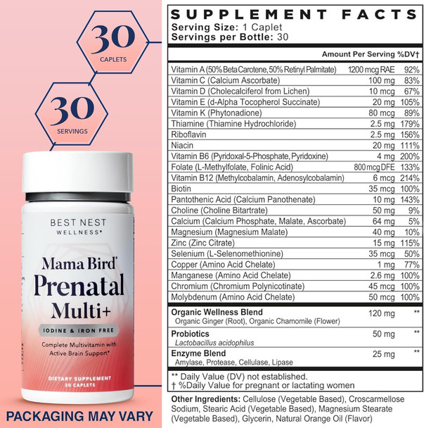 Best Nest Wellness Mama Bird Prenatal Vitamin Iron No Iron or Iodine Methylfolate (Folic Acid for Pregnant Women) Organic Herbal Blend Vegan Once Daily (30 Count)